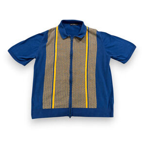 Paul Fredrick Shirt Adult EXTRA LARGE Blue Yellow Cotton Knit Zip Up Retro Mod
